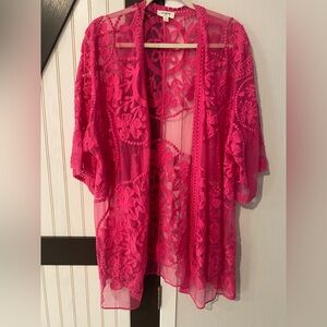 Beautiful Hot Pink Umgee Kimono Floral Embroidered Sheer Medium